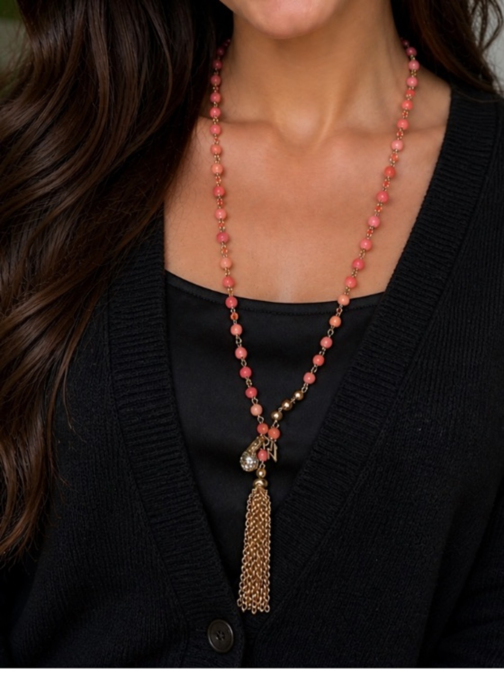 Chico's Coral Colored Bead Necklace with Gold Tassel and Charms